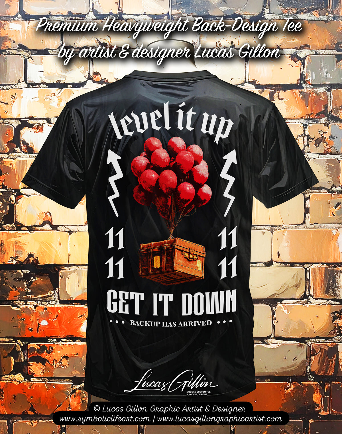 to finish - Black Unisex Premium Heavyweight Back-Design Tee "Level It Up - Backup Has Arrived" by Designer and Artist Lucas Gillon