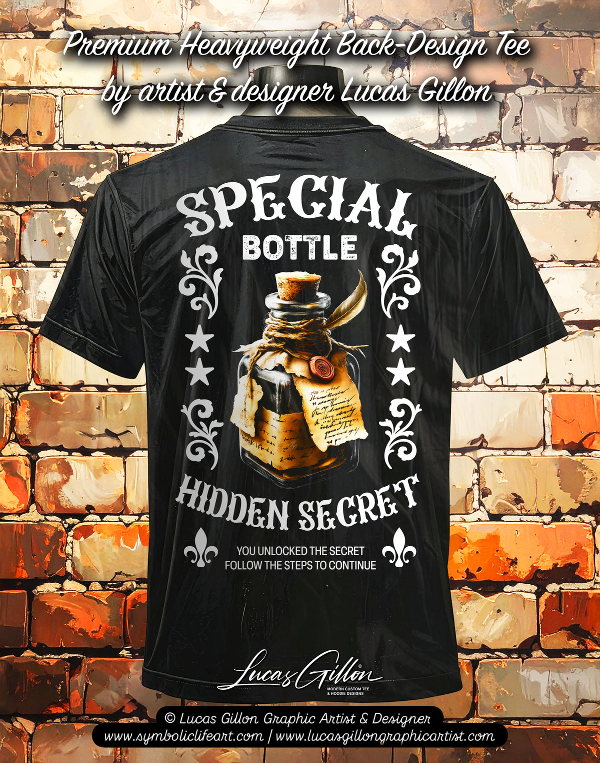to finish - Black Unisex Premium Heavyweight Back-Design Tee "Special Message Bottle" by Designer and Artist Lucas Gillon
