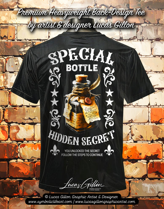 to finish - Black Unisex Premium Heavyweight Back-Design Tee "Special Message Bottle" by Designer and Artist Lucas Gillon