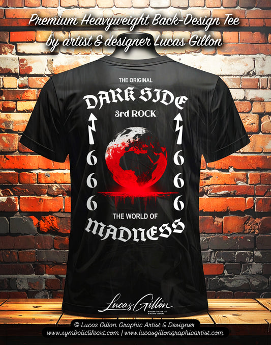 Black Unisex Premium Heavyweight Back-Design Tee "Dark Side - 3rd Rock" by Designer and Artist Lucas Gillon