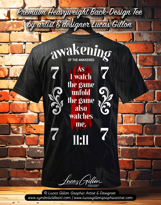 Black Unisex Premium Heavyweight Back-Design Tee "Awakening of the Awakened - The Game Also Watches Me" by Designer and Artist Lucas Gillon