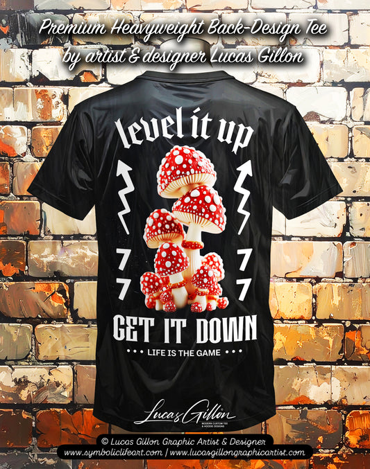 Black Unisex Premium Heavyweight Back-Design Tee "Level It Up - Get It Down" by Designer and Artist Lucas Gillon