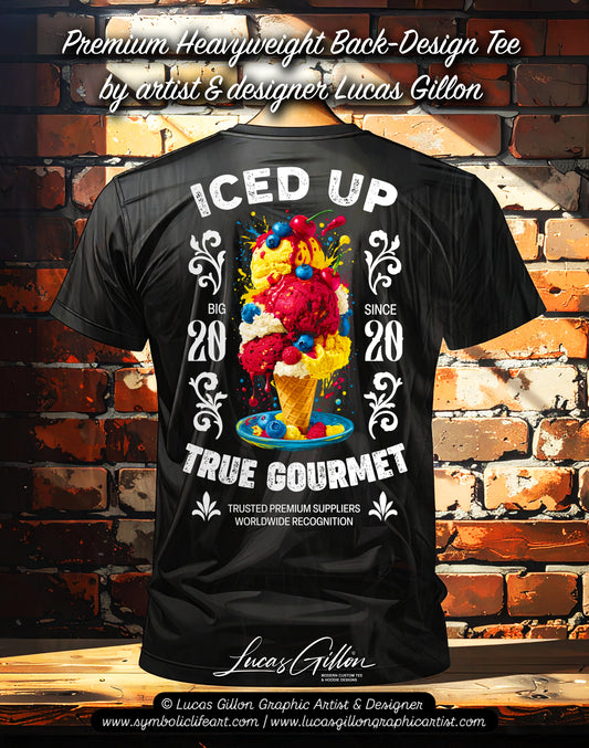 Black Unisex Premium Heavyweight Back-Design Tee "Gourmet Iced Up" by Designer and Artist Lucas Gillon