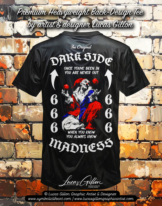Black Unisex Premium Heavyweight Back-Design Tee "Dark Side - Once You've Been In" by Designer and Artist Lucas Gillon
