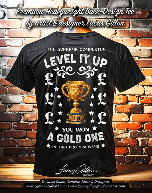 Black Unisex Premium Heavyweight Back-Design Tee "Level It Up - Gold Trophy" by Designer and Artist Lucas Gillon