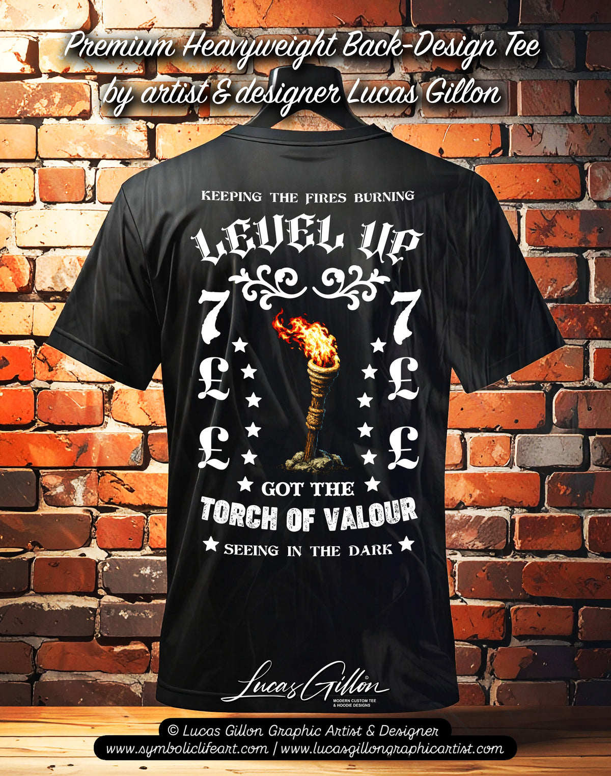 to finish - Black Unisex Premium Heavyweight Back-Design Tee "Level Up - Torch of Valour" by Designer and Artist Lucas Gillon