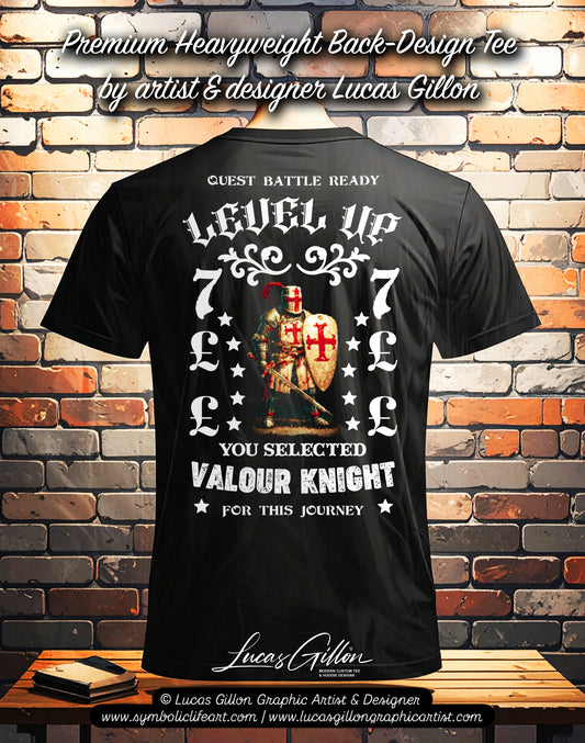 Black Unisex Premium Heavyweight Back-Design Tee "Level Up - Valour Knight" by Designer and Artist Lucas Gillon