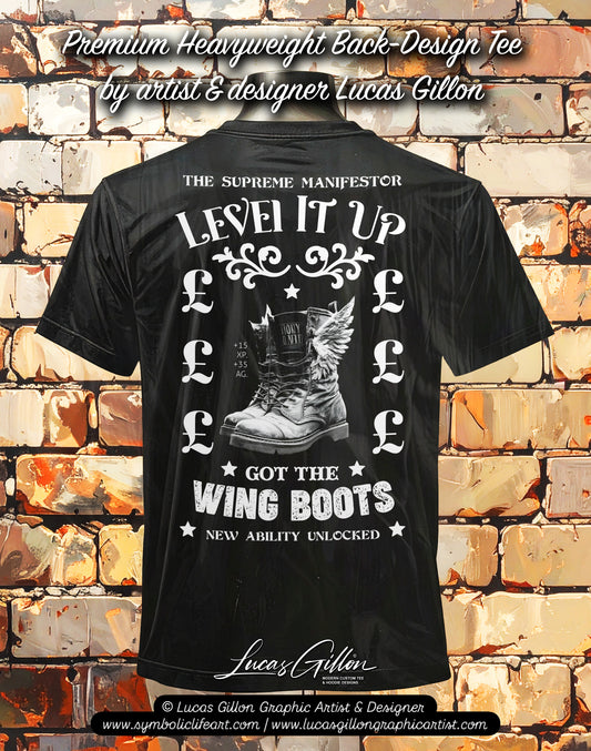 to finish - Black Unisex Premium Heavyweight Back-Design Tee "Level It Up - Wing Boots" by Designer and Artist Lucas Gillon
