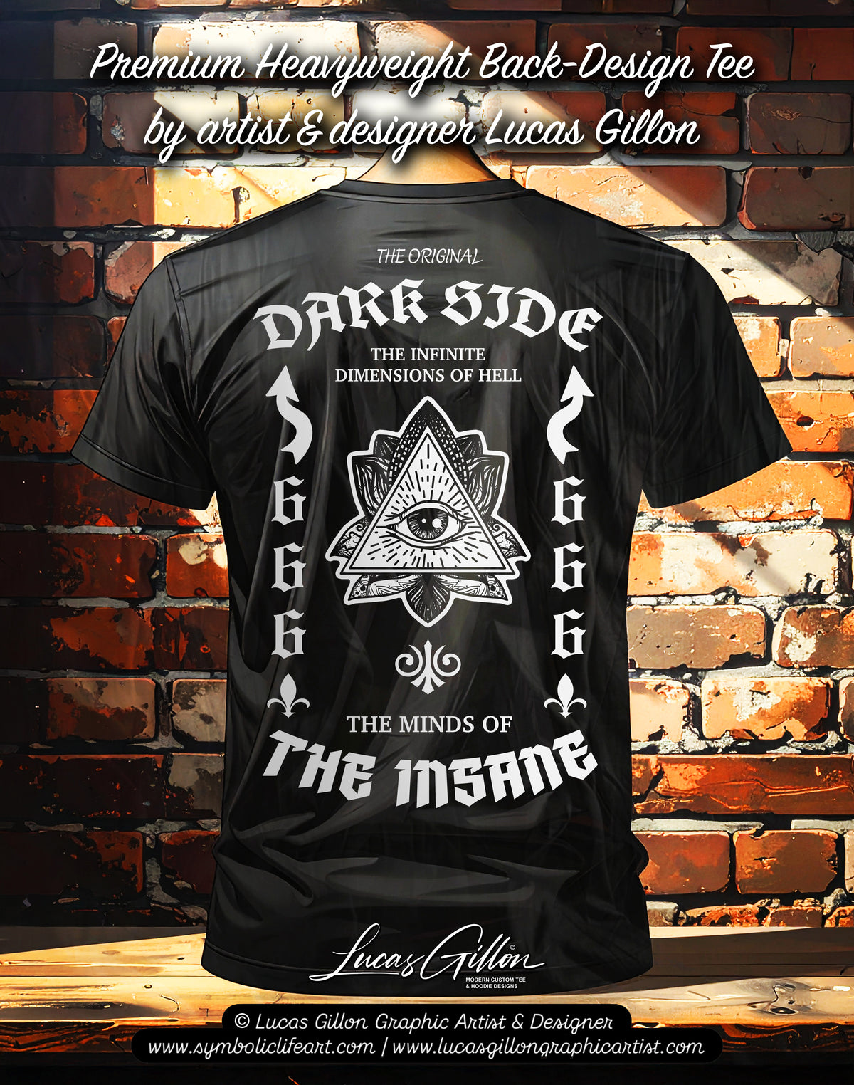 to finish - Black Unisex Premium Heavyweight Back-Design Tee "Dark Side - Dimensions of Hell" by Designer and Artist Lucas Gillon