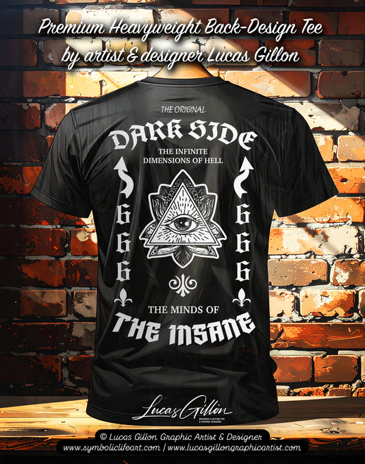 to finish - Black Unisex Premium Heavyweight Back-Design Tee "Dark Side - Dimensions of Hell" by Designer and Artist Lucas Gillon