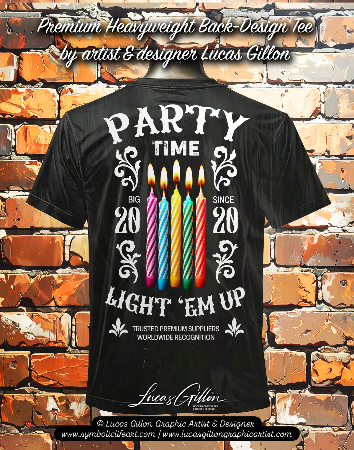 to finish - Black Unisex Premium Heavyweight Back-Design Tee "Party Time" by Designer and Artist Lucas Gillon