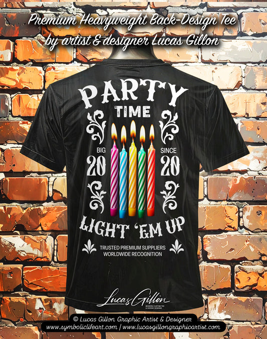 to finish - Black Unisex Premium Heavyweight Back-Design Tee "Party Time" by Designer and Artist Lucas Gillon