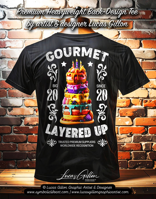 Black Unisex Premium Heavyweight Back-Design Tee "Gourmet Layered Up" by Designer and Artist Lucas Gillon