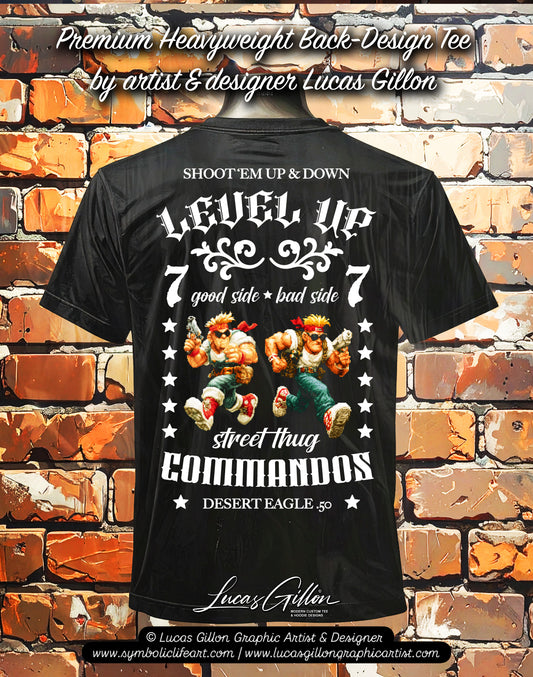 Black Unisex Premium Heavyweight Back-Design Tee "Level It Up - Street Thug Commandos" by Designer and Artist Lucas Gillon