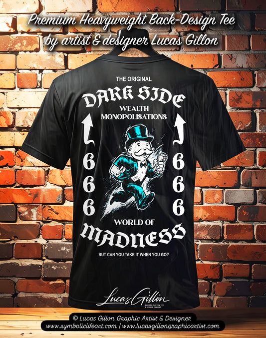 Black Unisex Premium Heavyweight Back-Design Tee "Dark Side - Wealth Monopolisations" by Designer and Artist Lucas Gillon