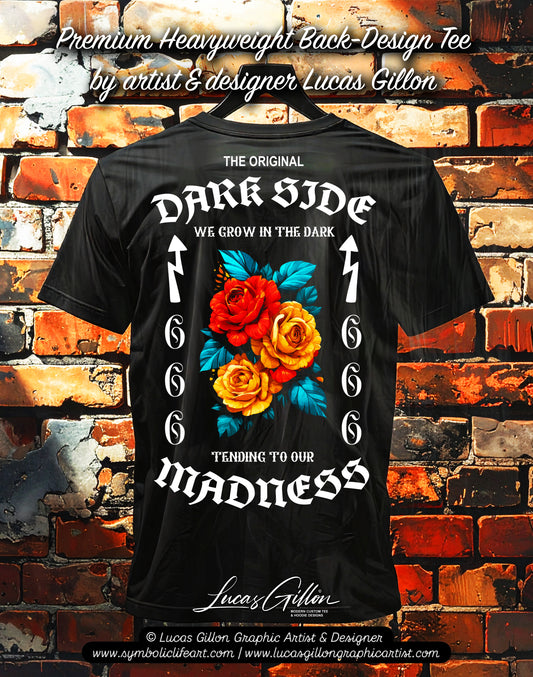 Black Unisex Premium Heavyweight Back-Design Tee "Dark Side - We Grow In The Dark" by Designer and Artist Lucas Gillon