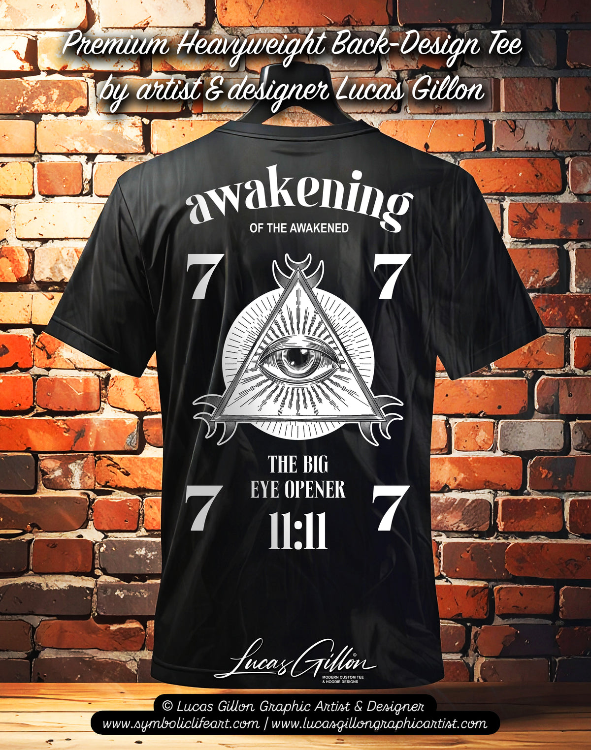 to finish - Black Unisex Premium Heavyweight Back-Design Tee "Awakening of the Awakened - The Big Eye Opener" by Designer and Artist Lucas Gillon