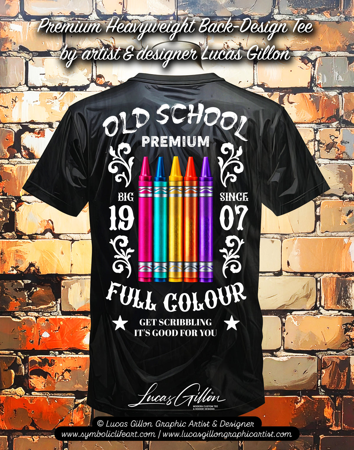 to finish - Black Unisex Premium Heavyweight Back-Design Tee "Old School Crayons" by Designer and Artist Lucas Gillon