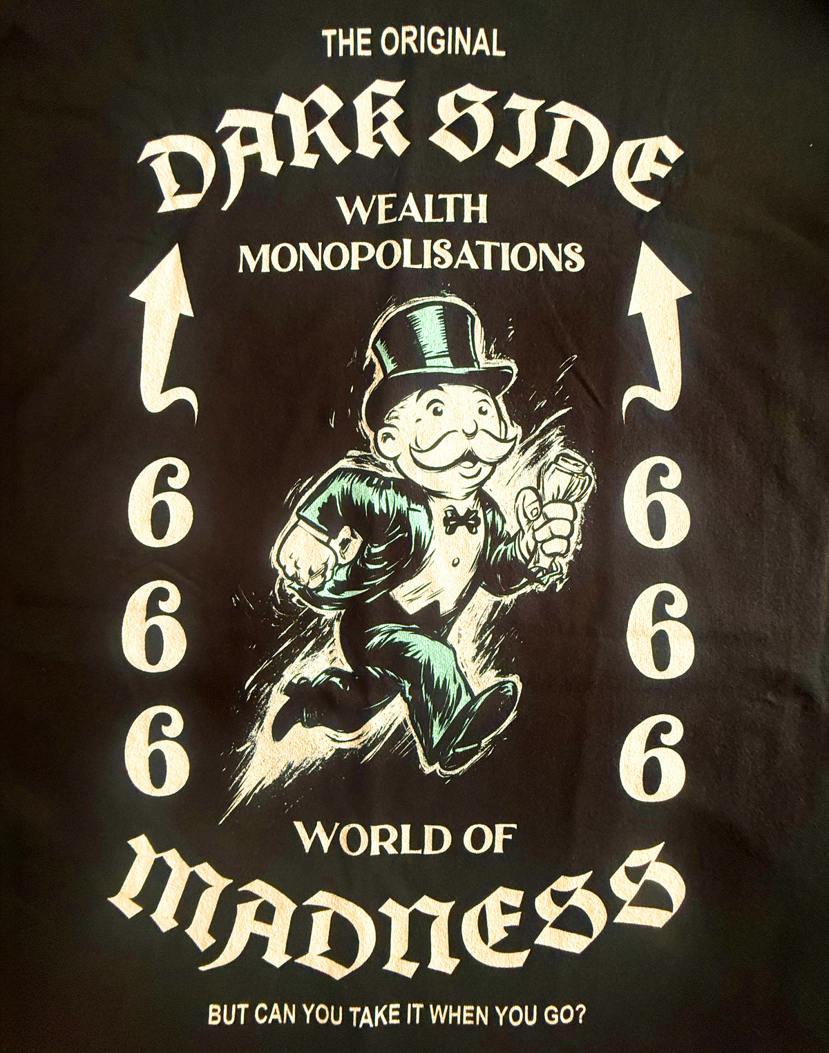 Black Unisex Premium Heavyweight Back-Design Tee "Dark Side - Wealth Monopolisations" by Designer and Artist Lucas Gillon