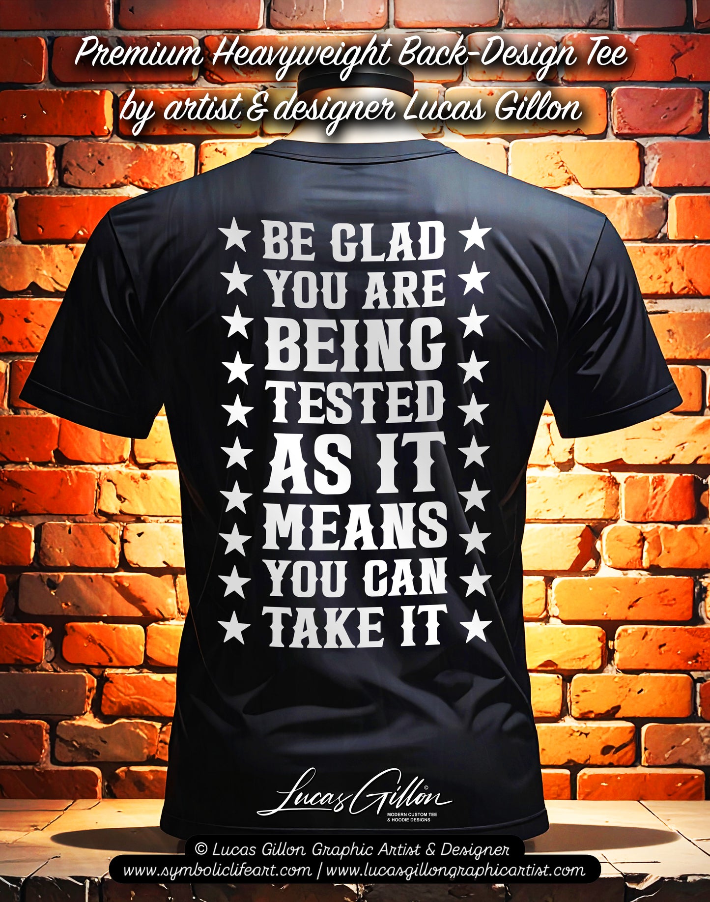 Black Unisex Premium Original Heavyweight Back-Design Tee "Being Tested" by Designer and Artist Lucas Gillon
