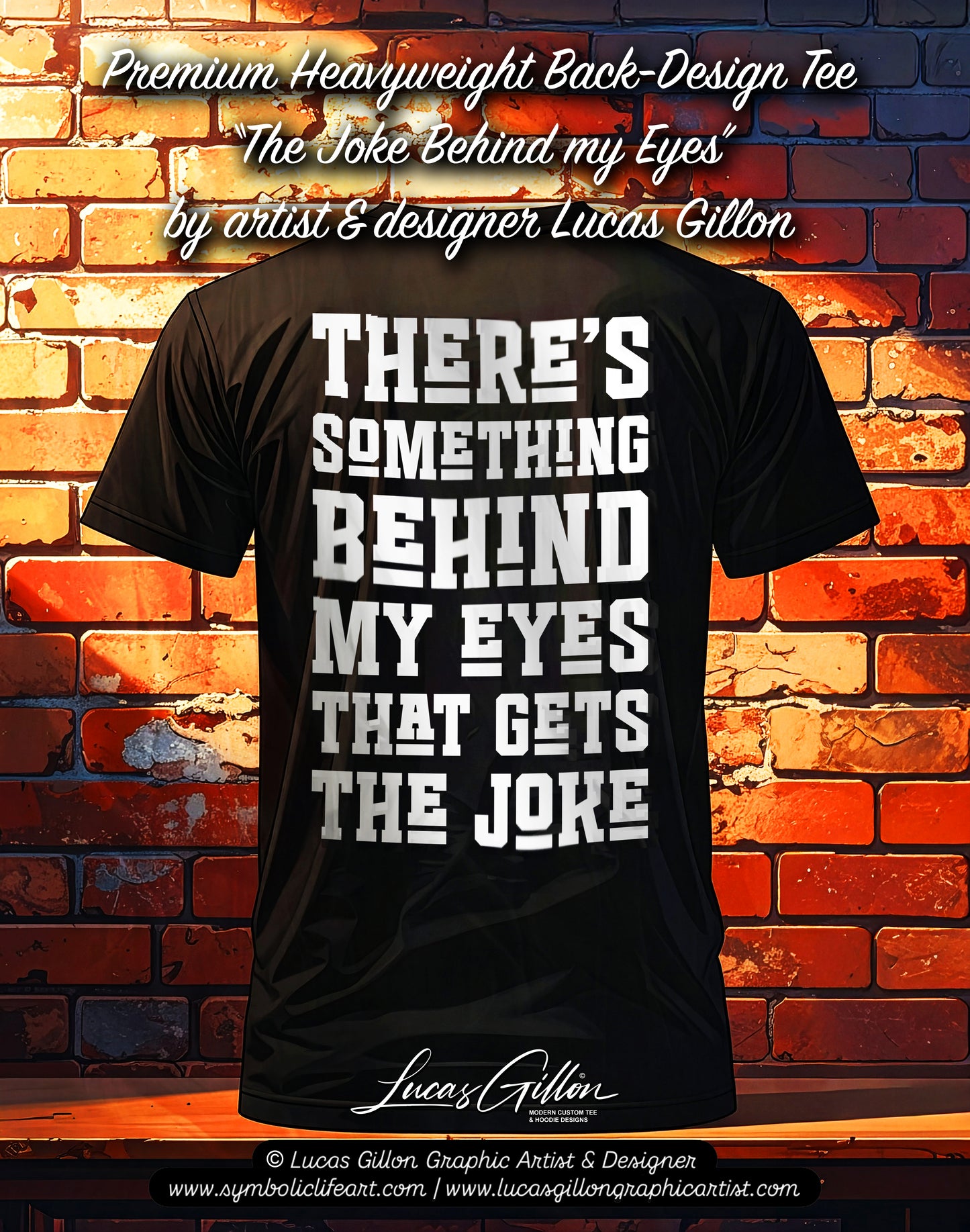 Black Unisex Premium Original Heavyweight Back-Design Tee "The Joke" by Designer and Artist Lucas Gillon
