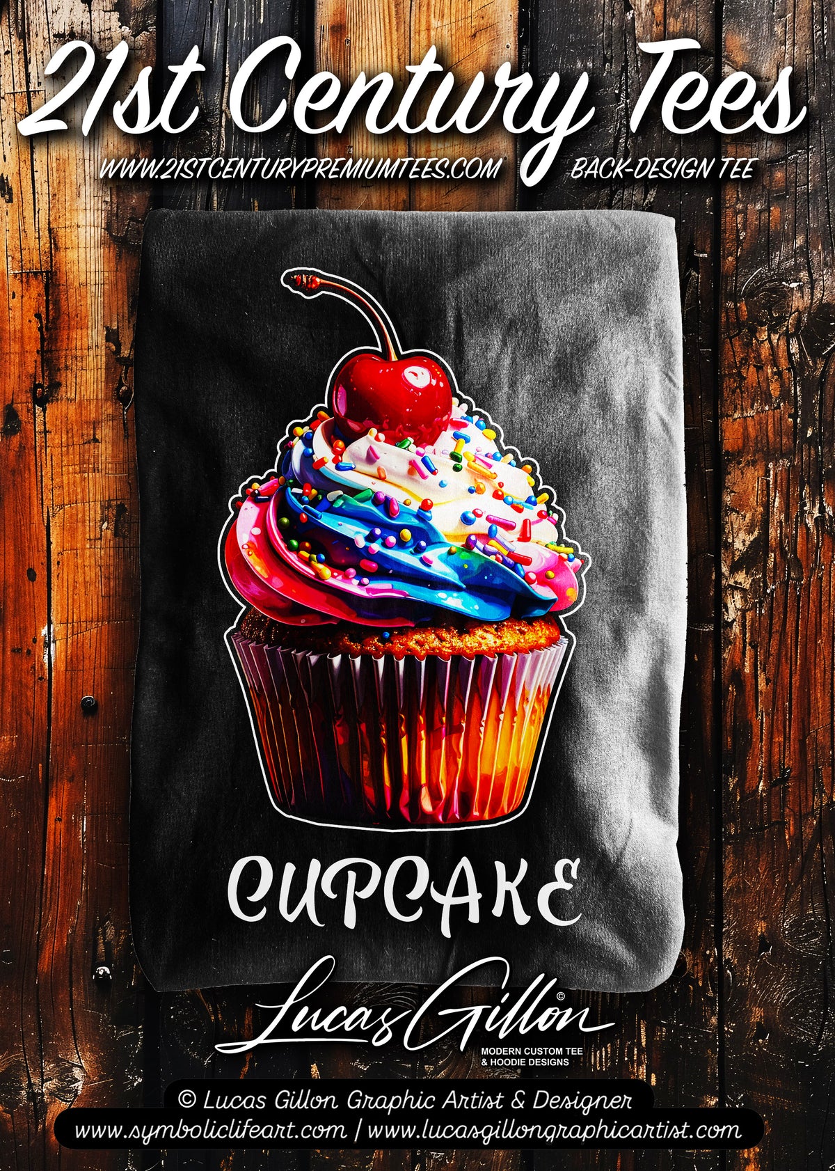 Black Unisex Premium Heavyweight Back-Design Tee "Cupcake" by Designer and Artist Lucas Gillon