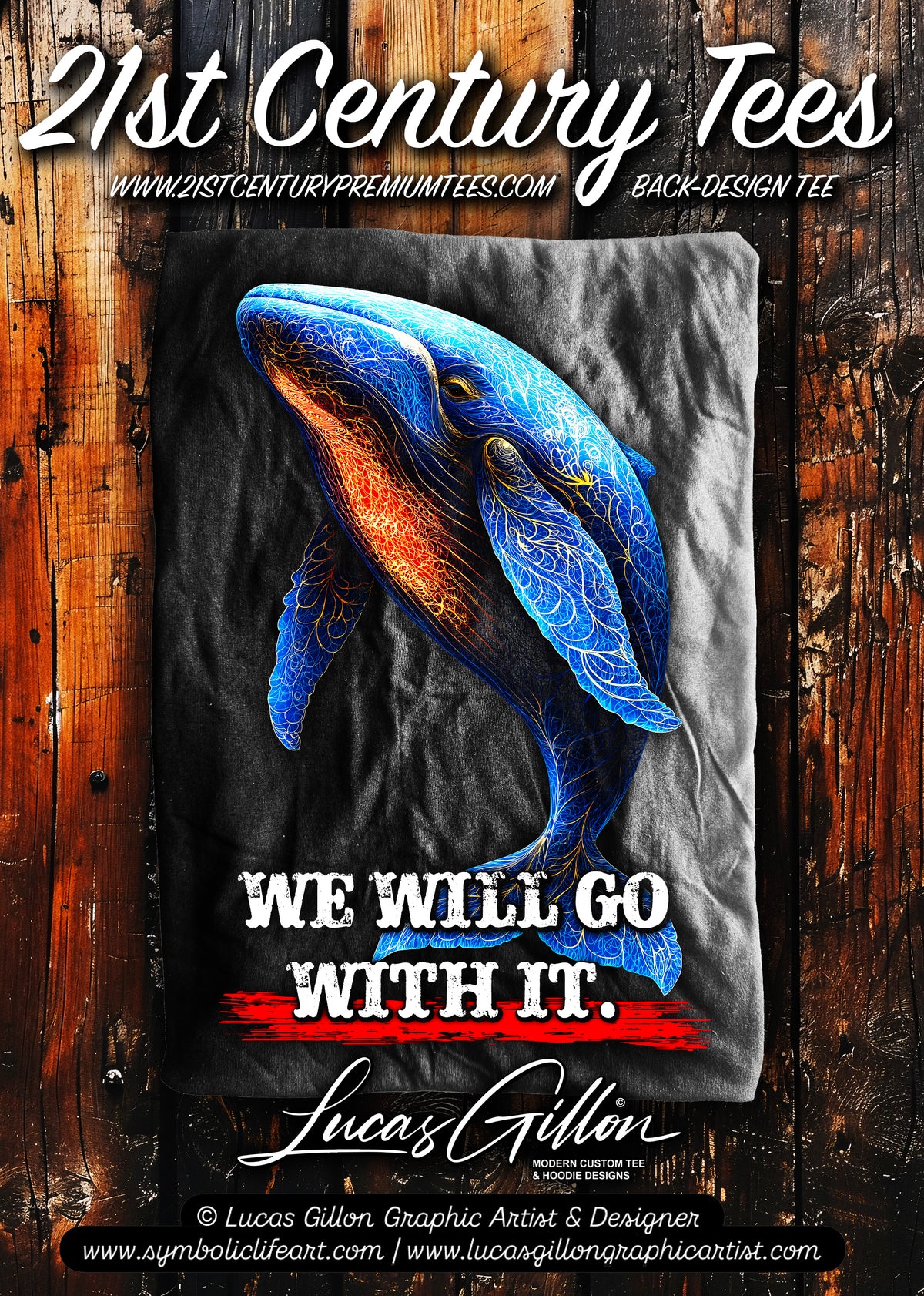 Black Unisex Premium Heavyweight Back-Design Tee "We Will Go With It - Whale" by Designer and Artist Lucas Gillon