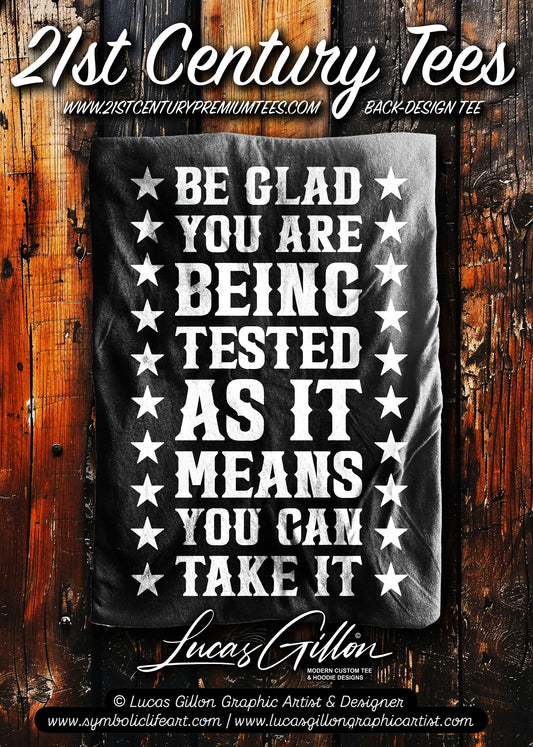 to finish - STRAIGHT PICS - Black Unisex Premium Original Heavyweight Back-Design Tee "Being Tested" by Designer and Artist Lucas Gillon
