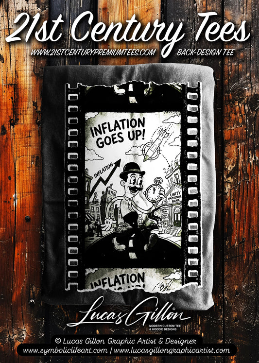 to finish - REDO IT STRAIGHT - Black Unisex Premium Original Heavyweight Back-Design Tee "Inflation Goes Up" by Designer and Artist Lucas Gillon