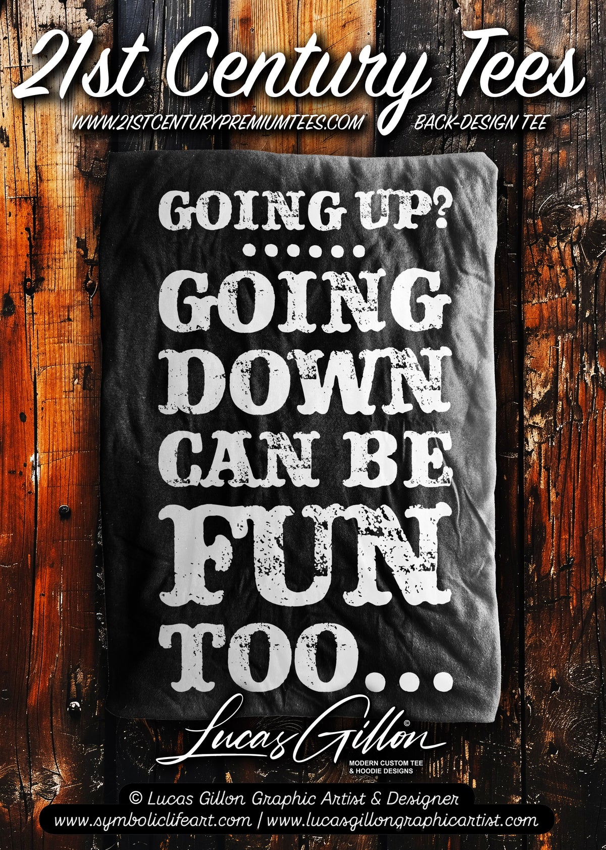 Black Unisex Premium Heavyweight Back-Design Tee "Going Down Can Be Fun Too" by Designer and Artist Lucas Gillon