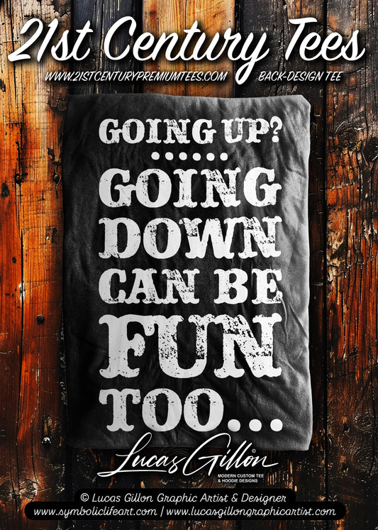 Black Unisex Premium Heavyweight Back-Design Tee "Going Down Can Be Fun Too" by Designer and Artist Lucas Gillon