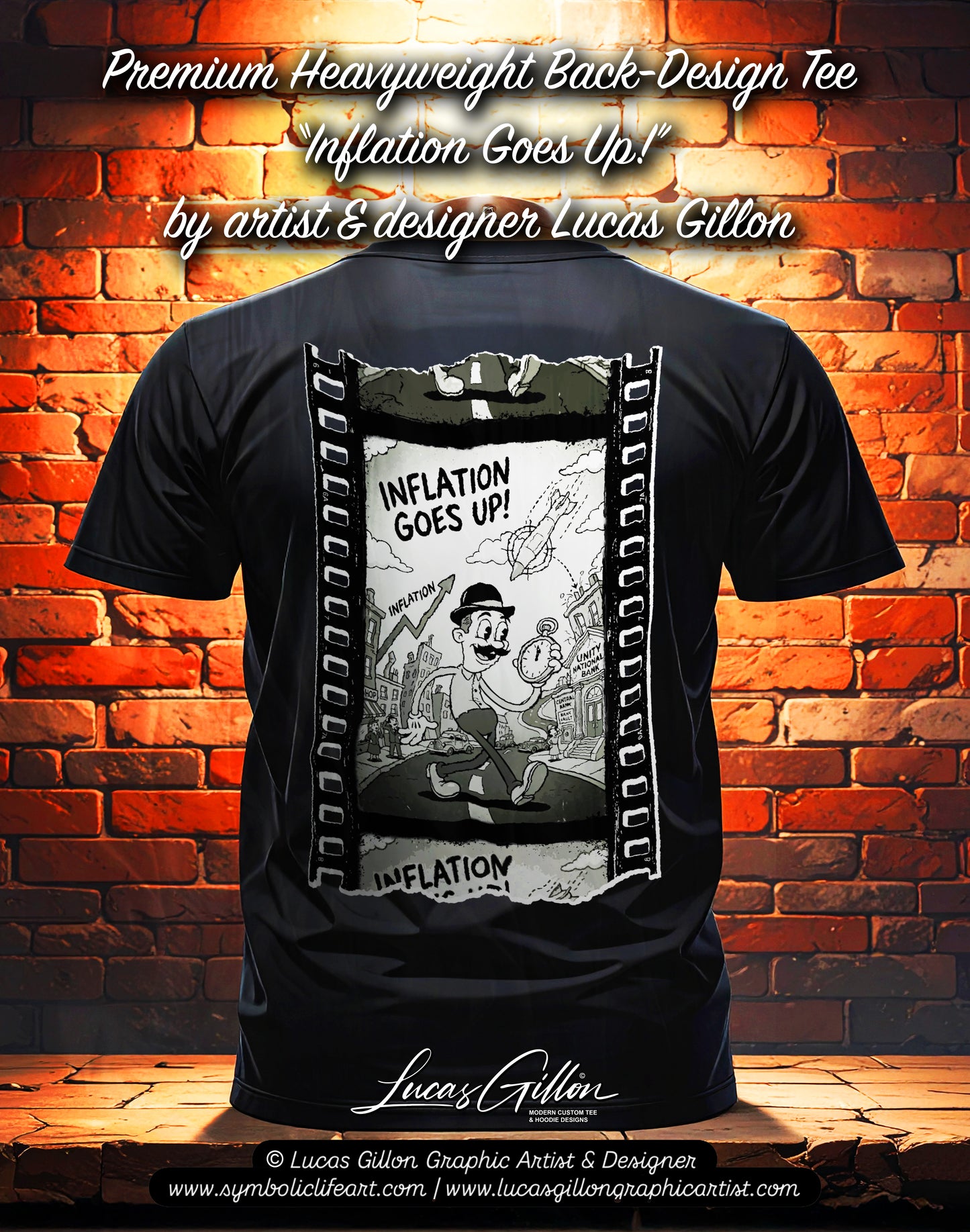 Black Unisex Premium Original Heavyweight Back-Design Tee "Inflation Goes Up" by Designer and Artist Lucas Gillon