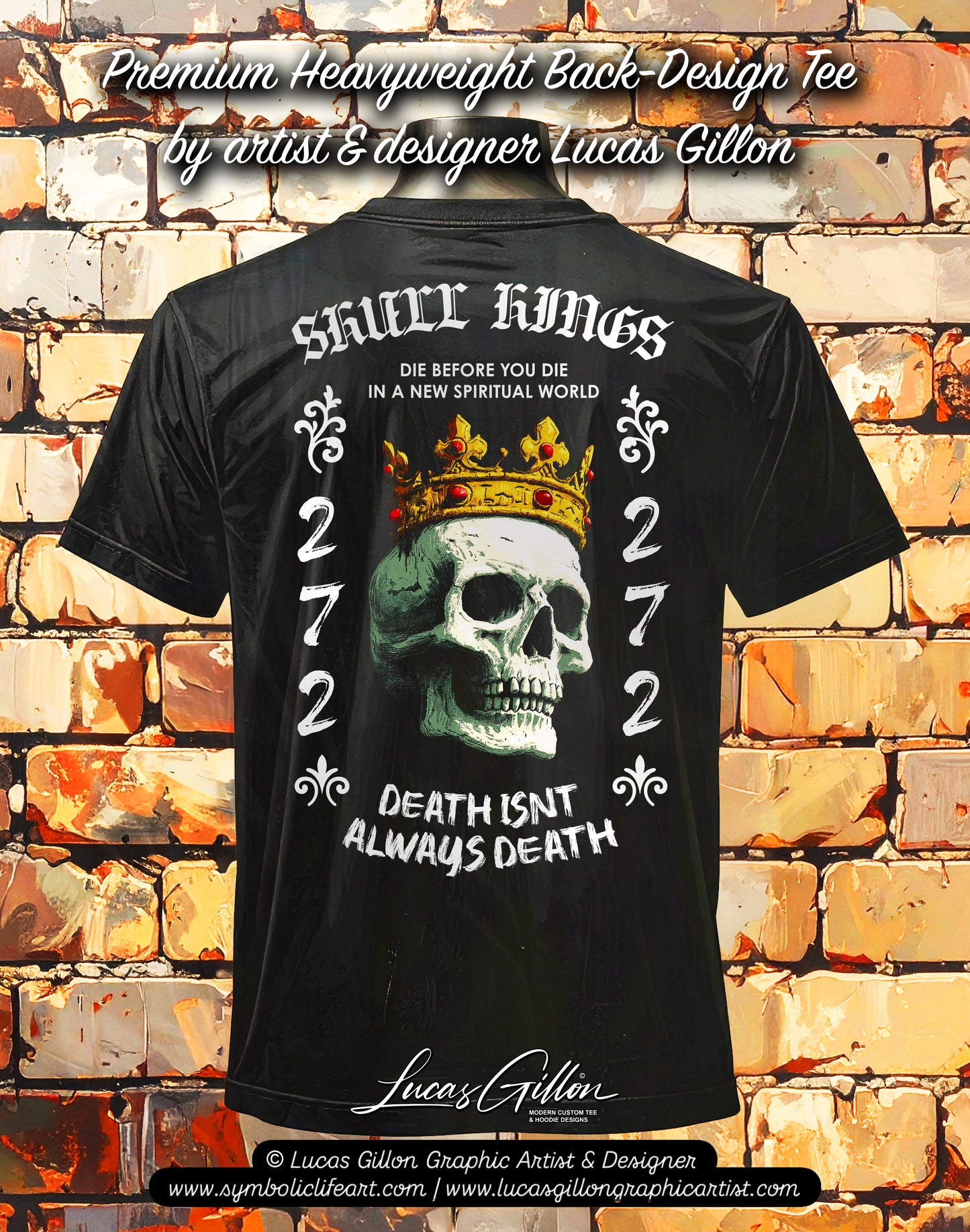 to finish - Black Unisex Premium Heavyweight Back-Design Tee "Skull Kings" by Designer and Artist Lucas Gillon