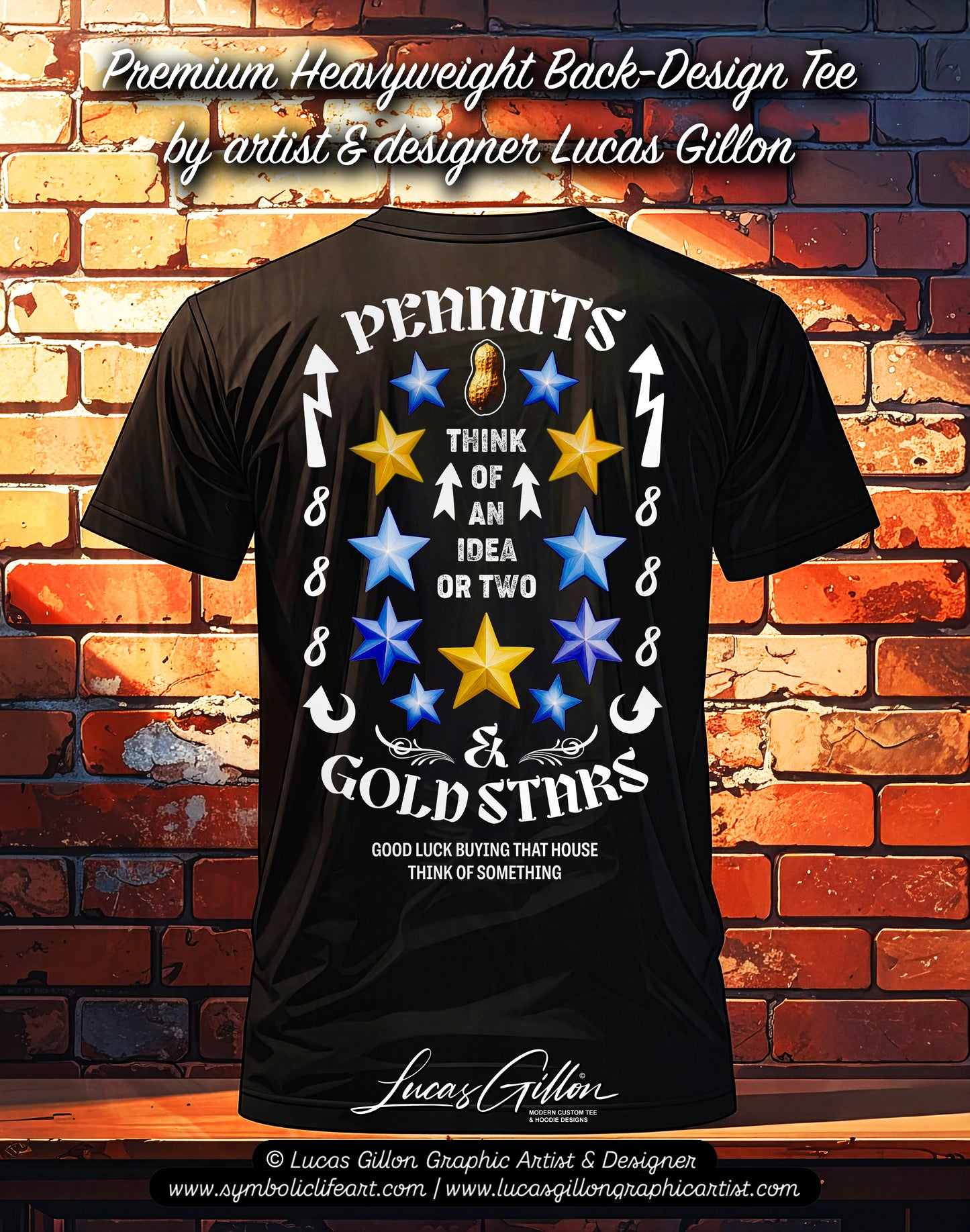 to finish - Black Unisex Premium Heavyweight Back-Design Tee "Peanuts & Gold Stars" by Designer and Artist Lucas Gillon