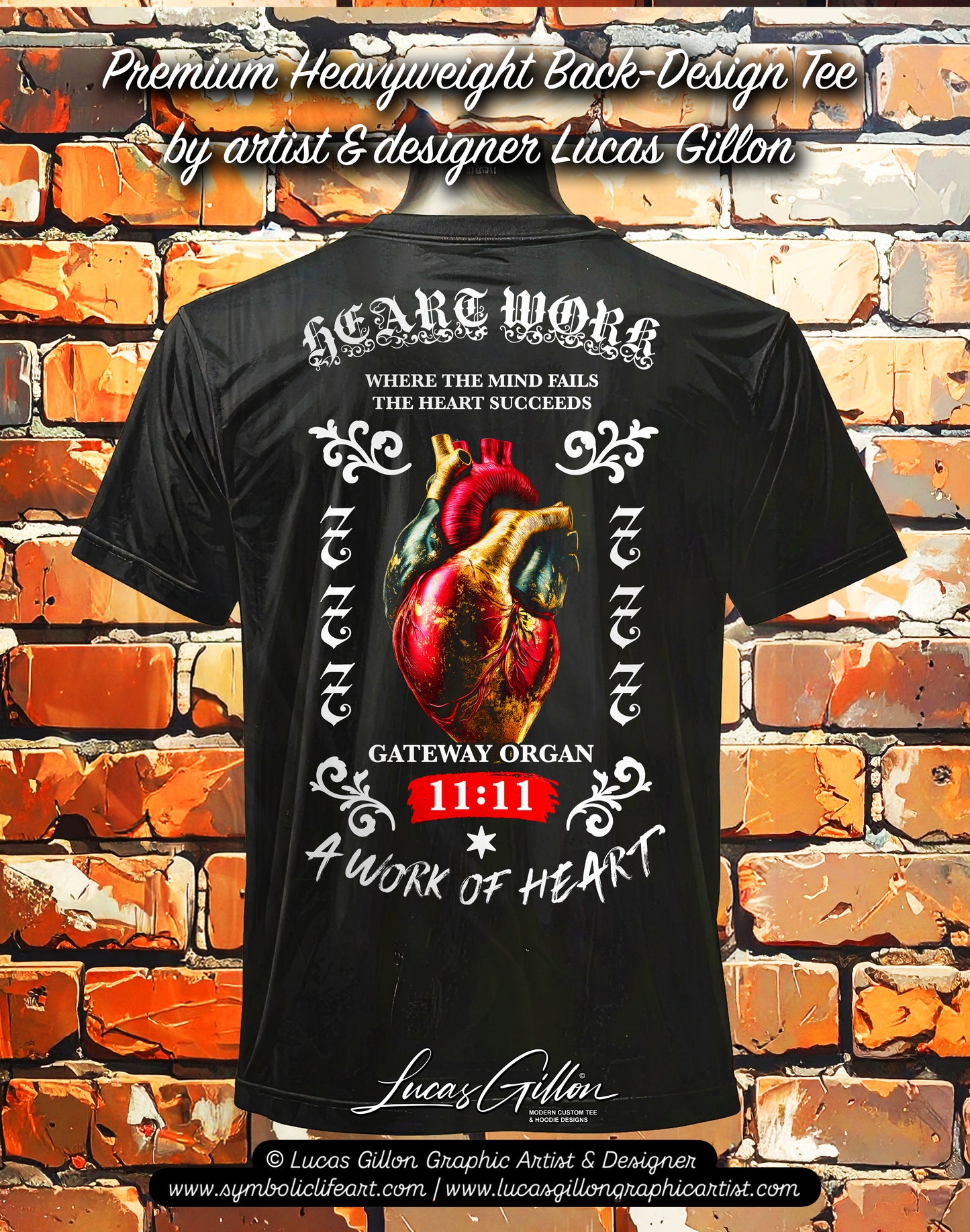 to finish - Black Unisex Premium Heavyweight Back-Design Tee "Heart Work" by Designer and Artist Lucas Gillon