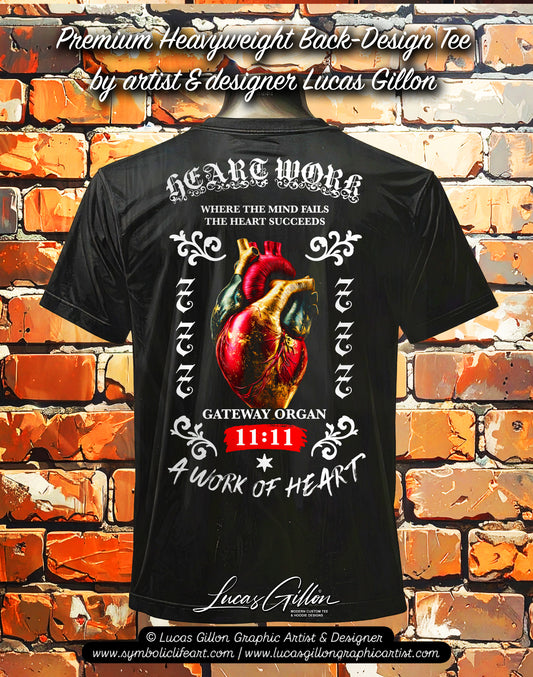 Black Unisex Premium Heavyweight Back-Design Tee "Heart Work" by Designer and Artist Lucas Gillon