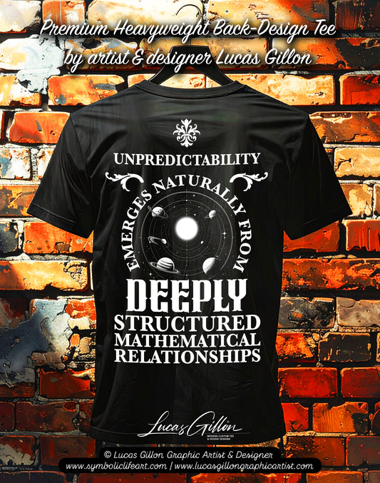 Black Unisex Premium Heavyweight Back-Design Tee "Chaos Theory V. No.1" by Designer and Artist Lucas Gillon