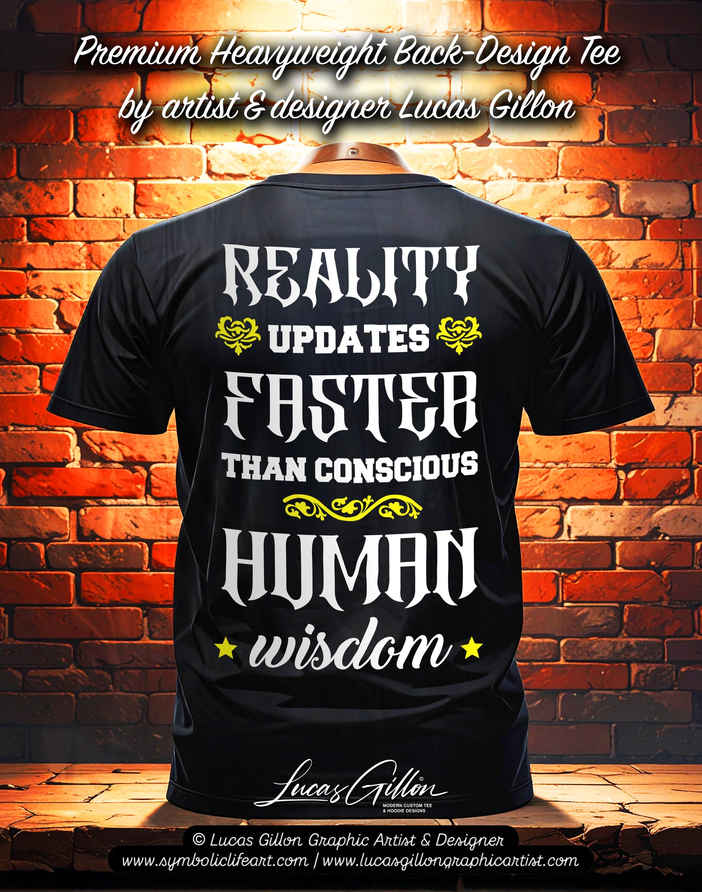 Black Unisex Premium Heavyweight Back-Design Tee "Reality Updates Faster" by Designer and Artist Lucas Gillon
