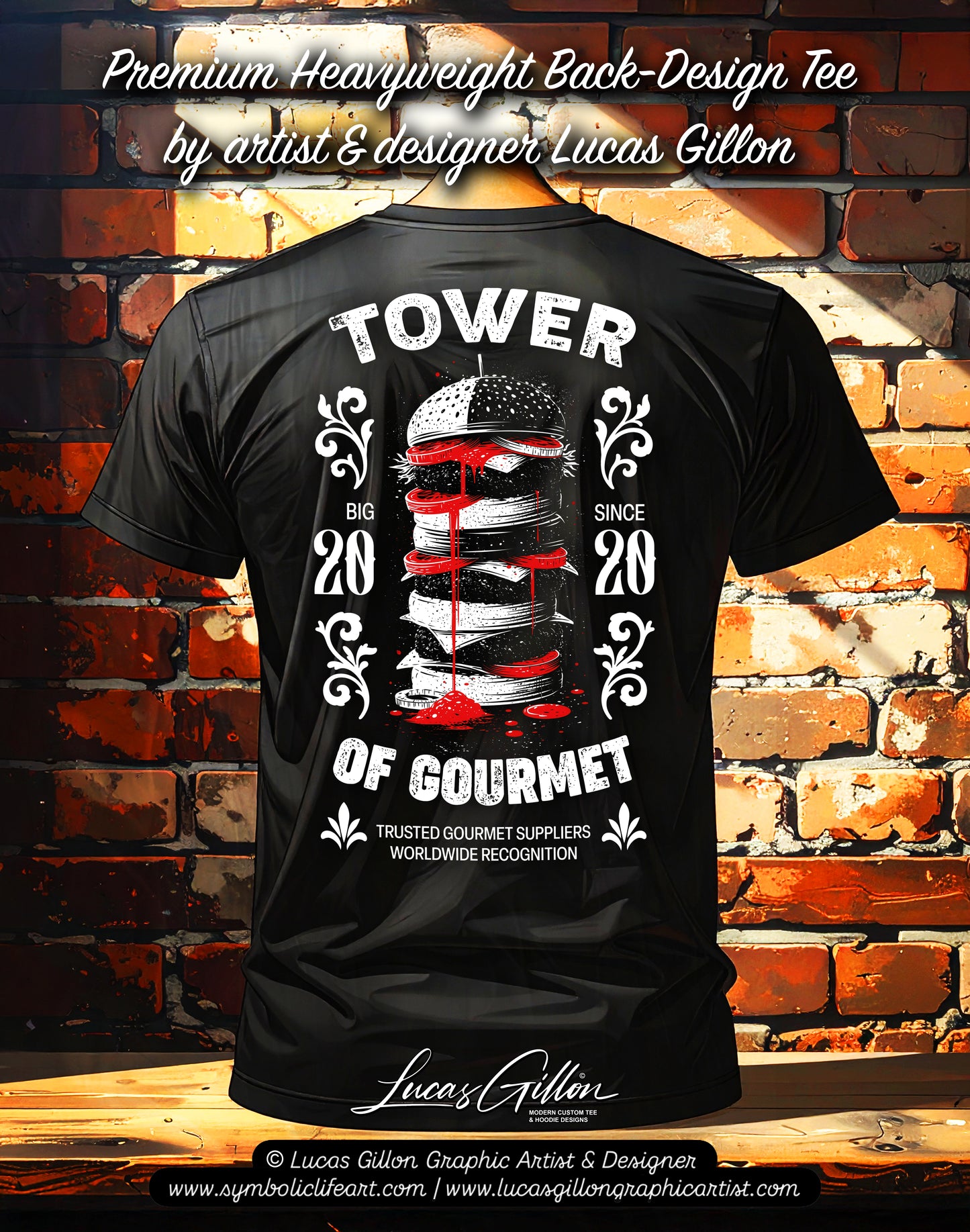 to finish - Black Unisex Premium Heavyweight Back-Design Tee "Tower of Gourmet" by Designer and Artist Lucas Gillon