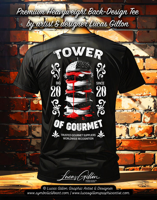 Black Unisex Premium Heavyweight Back-Design Tee "Tower of Gourmet" by Designer and Artist Lucas Gillon
