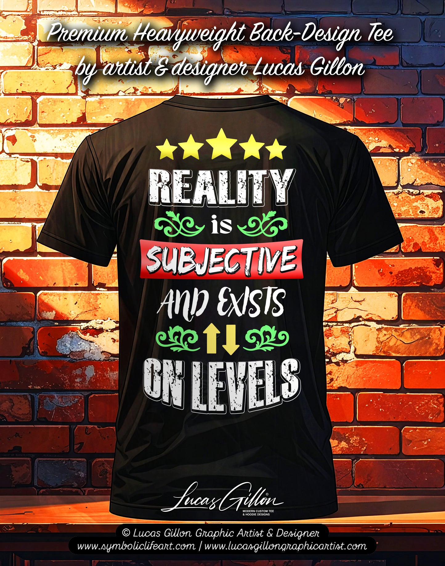 Black Unisex Premium Heavyweight Back-Design Tee "Reality is Subjective" by Designer and Artist Lucas Gillon