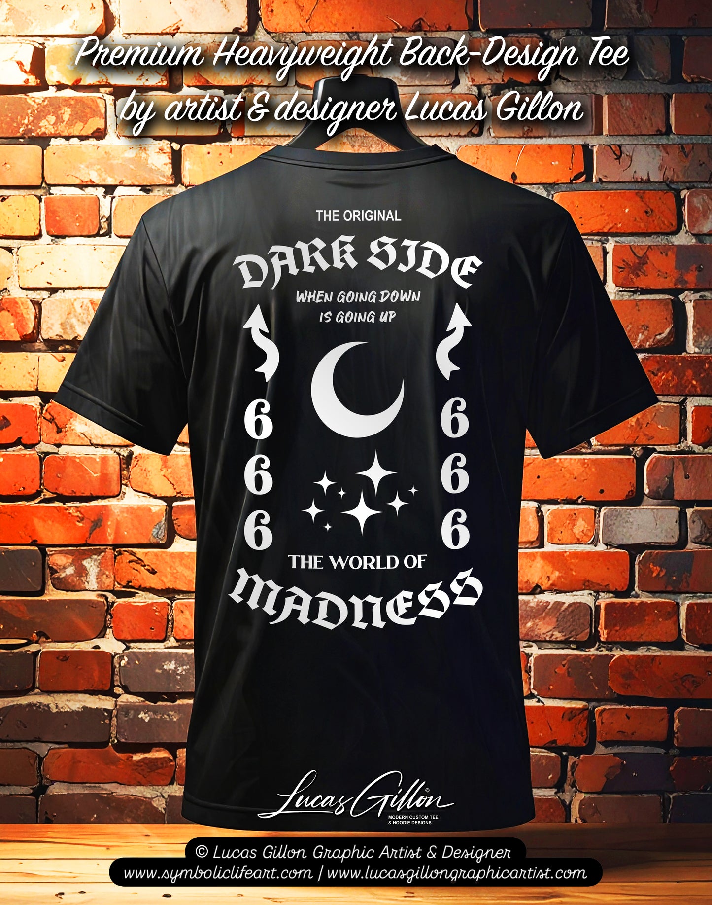 to finish - Black Unisex Premium Heavyweight Back-Design Tee "Dark Side - World of Madness No V. #3" by Designer and Artist Lucas Gillon