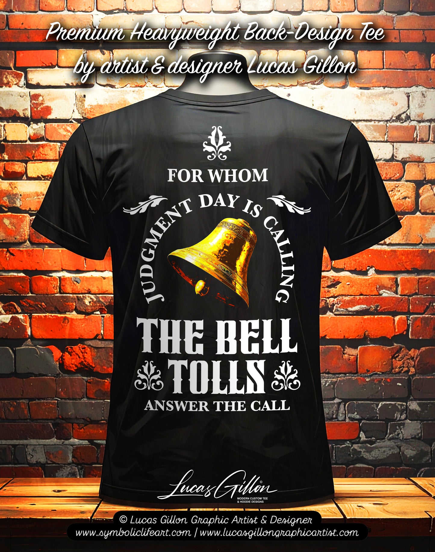 Black Unisex Premium Heavyweight Back-Design Tee "The Bell Tolls" by Designer and Artist Lucas Gillon