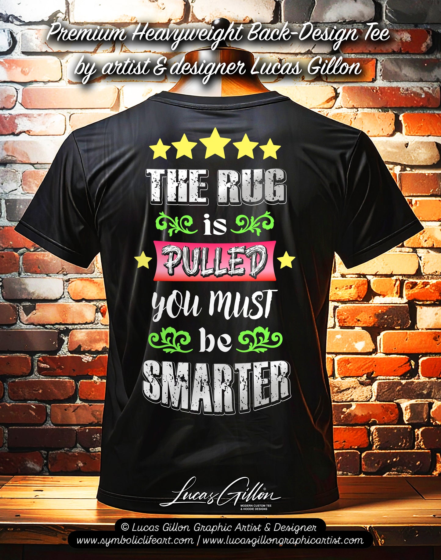 Black Unisex Premium Heavyweight Back-Design Tee "The Rug Has Been Pulled" by Designer and Artist Lucas Gillon