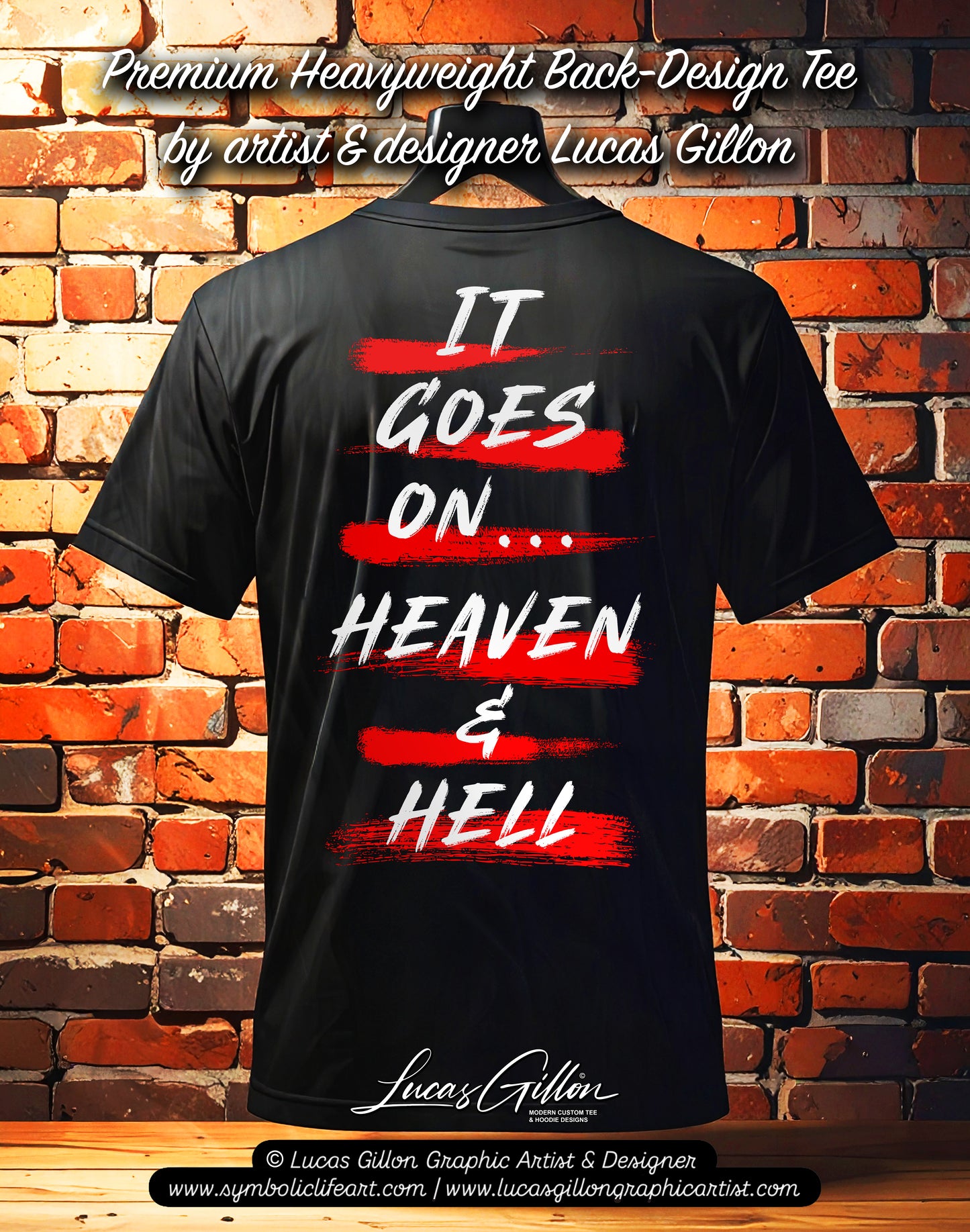 Black Unisex Premium Heavyweight Back-Design Tee "It Goes On" by Designer and Artist Lucas Gillon