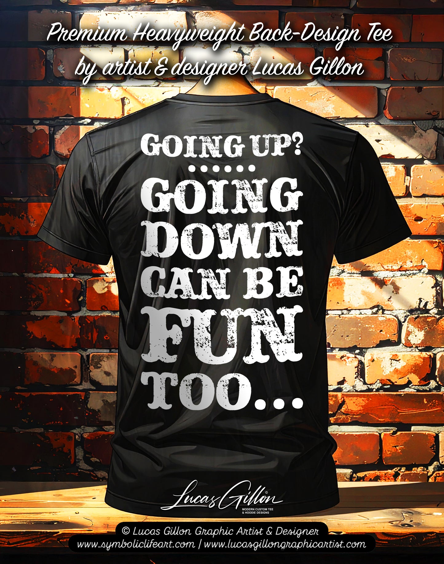 Black Unisex Premium Heavyweight Back-Design Tee "Going Down Can Be Fun Too" by Designer and Artist Lucas Gillon
