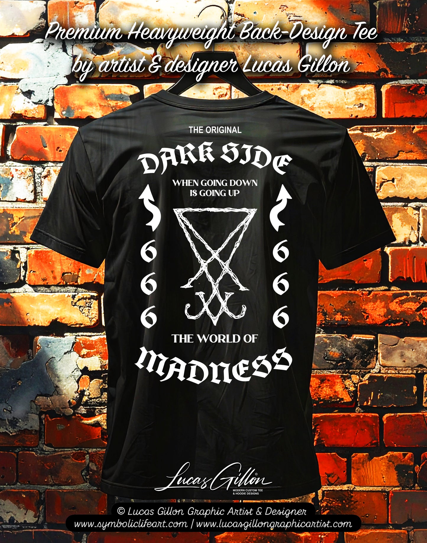 to finish - Black Unisex Premium Heavyweight Back-Design Tee "Dark Side - World of Madness No V. #1" by Designer and Artist Lucas Gillon