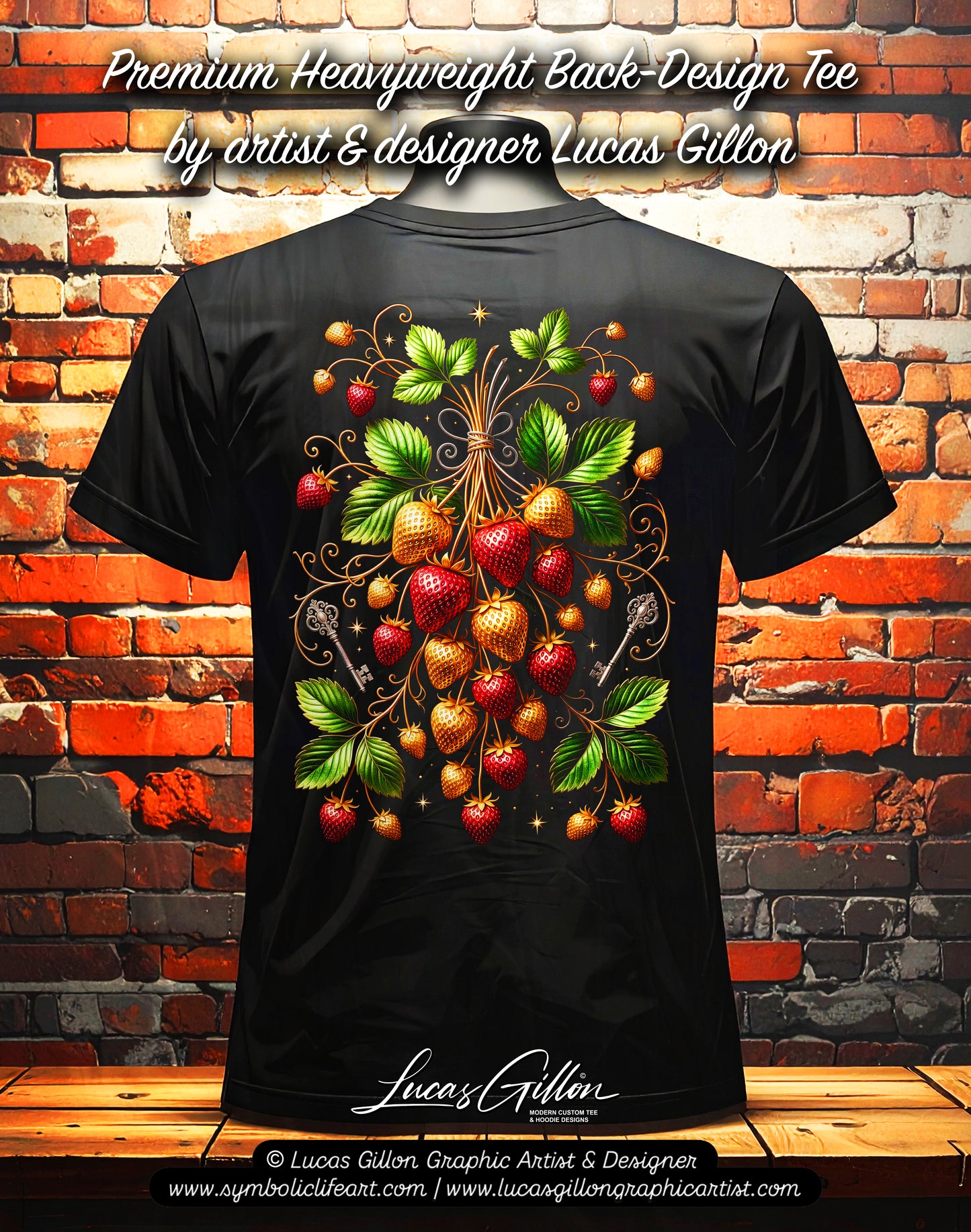 Black Unisex Premium Original Heavyweight Back-Design Tee "Golden Strawberries" by Designer and Artist Lucas Gillon