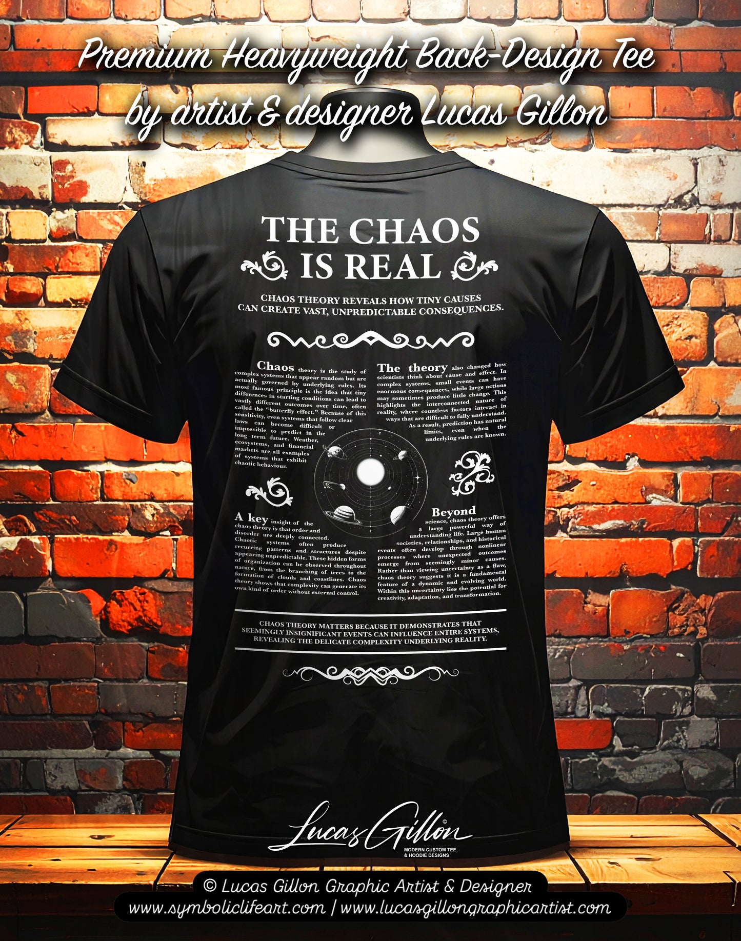 Black Unisex Premium Heavyweight Back-Design Tee "Chaos Theory V No. 2" by Designer and Artist Lucas Gillon