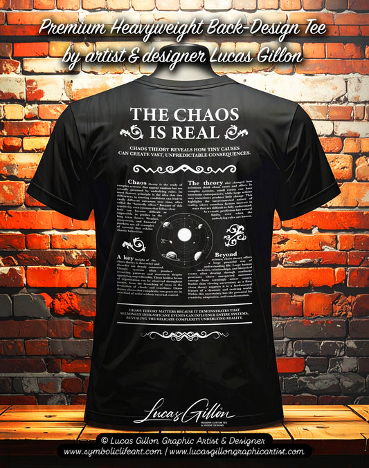 Black Unisex Premium Heavyweight Back-Design Tee "Chaos Theory V No. 2" by Designer and Artist Lucas Gillon